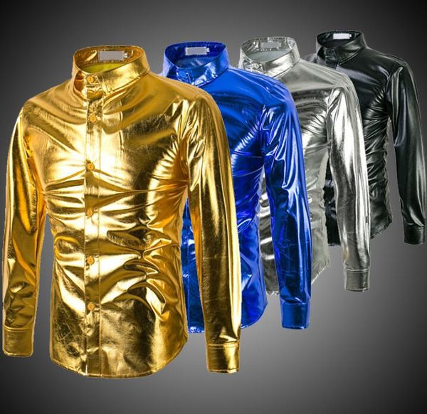 

fashion punk shirt men long sleeve shirt teenage gold and silver glossy mens casual clothes personality stage singer dance, White;black