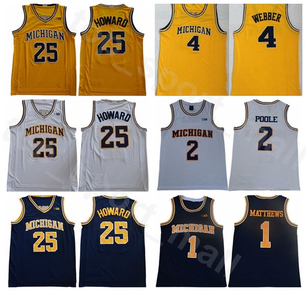 

michigan wolverines college basketball juwan howard jersey 25 jalen rose 5 chris webber 4 charles matthews 1 jorda poole 2 navy blue yellow, Black