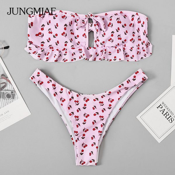 

women's swimwear jungmiae women fashion cherry print bikini set strapless high-waisted swimsuit beach wear falbala cute, White;black