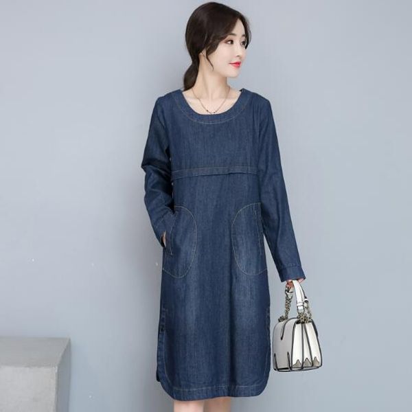 

autumn femme denim dress o neck loose casual long sleeve patchwork split hem stylish womens dresses 164, Black;gray