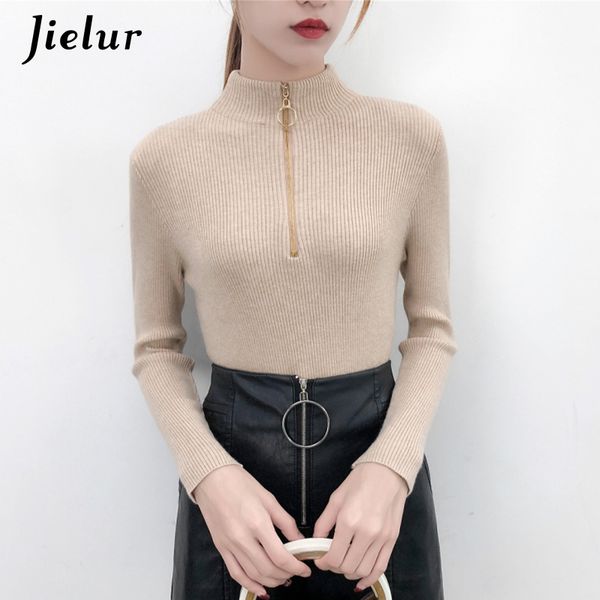 

women's sweaters zipper half turtleneck sweater women slim autumn winter solid color 2021 sueter mujer basic chic korean pullovers, White;black