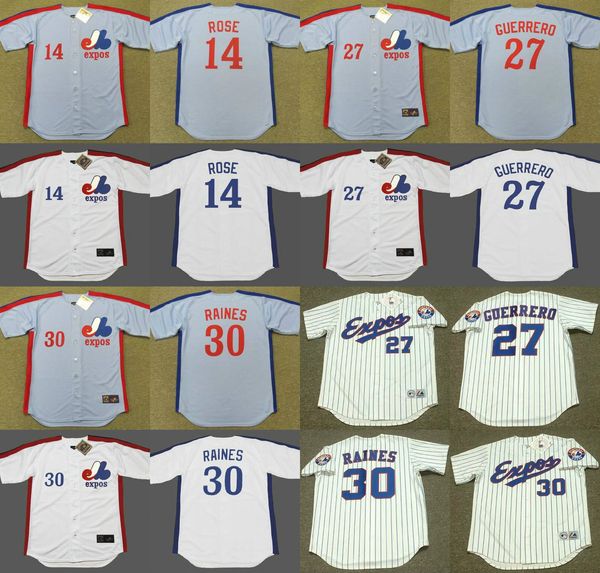 

montreal expos 14 pete rose 30 tim raines 27 vladimir guerrero 17 ellis valentine 45 steve rogers 35 woodie fryman baseball jersey, Black