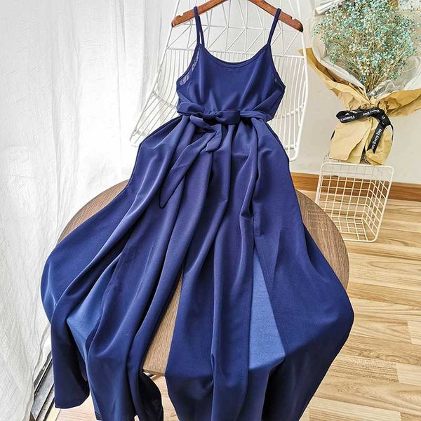 

2020 loose casual women long jumpsuit high waist with sashes wide leg split sleeveless basic female bodysuits 5 colors, Black;white