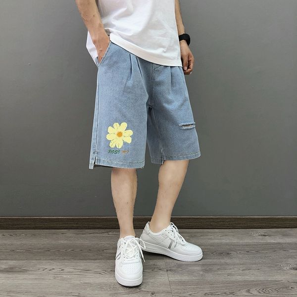 

men's 2020 summer new men's denim shorts loose nine nine shorts ankle-length straight cropped pants student fashion cropped pants, Blue