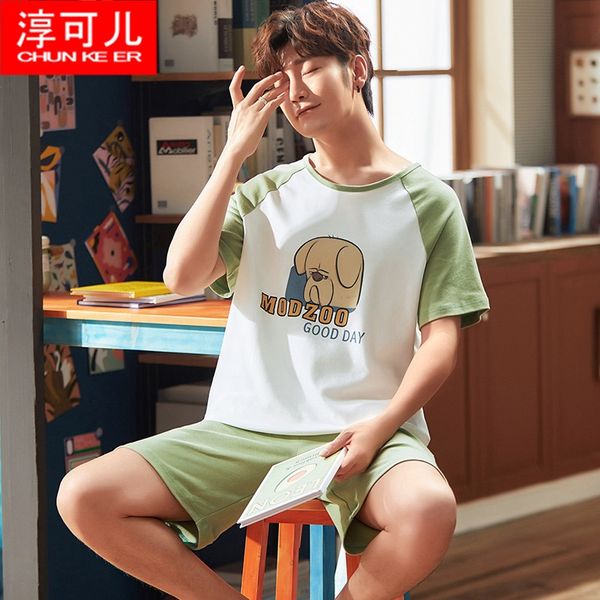 

men's knitted cotton short-sleeved pajamas youth cartoon pullover cotton casual home wear summer pullover shorts and shorts, Black;brown