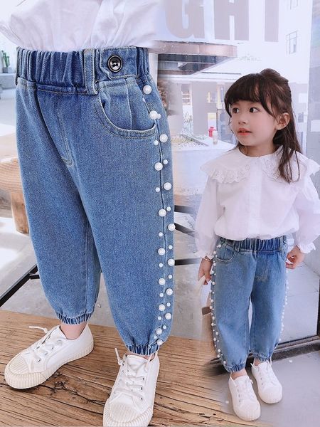 

niw5u girls' autumn 2020 casual pants jeans and jeans korean style children's small and medium-sized children's beads light c, Blue