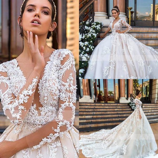 

designed ball gown wedding dresses a line 3d lace appliques sheer neck long sleeve formal western bridal gowns maternity dress, White