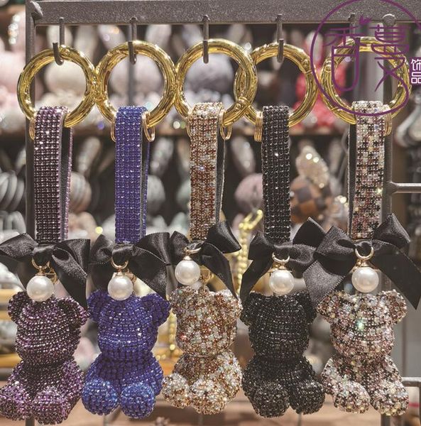

full rhinestone cartoon little bear crystal bow keychain key chain ring holder pendant bag women's pearl handbag key chain, Silver