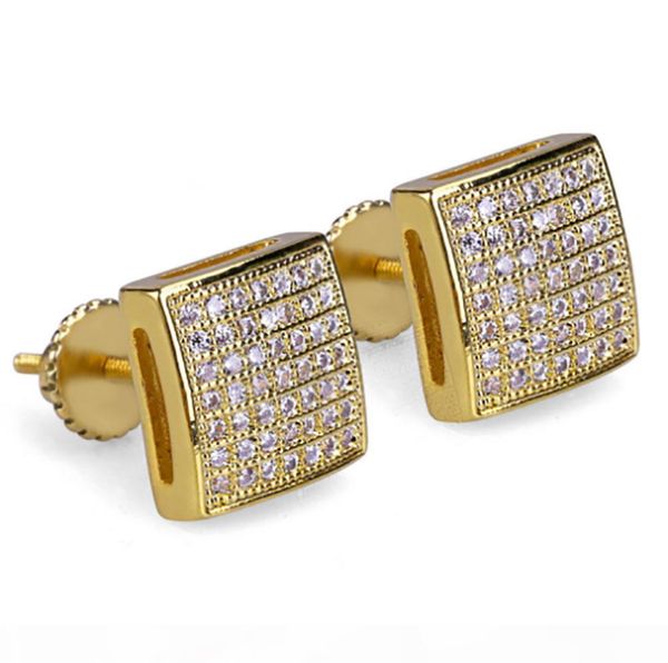 

u mens 3d xl large cz micro pave bling bling earrings square curved screen block screw back stud earring hip hop jewelry, Golden;silver