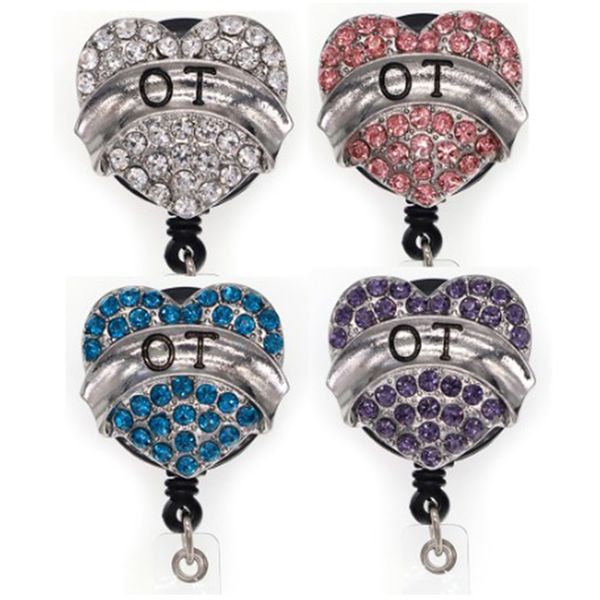 

10pcs/lot key rings rhinestone heart shape id name badge reels medical nurse doctor symbol ot retractable badge reel holder with alligator c, Slivery;golden