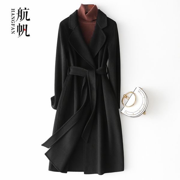 

double sided cashmere coat women's middle and long 2020 new slim fit and high end over knee woolen coat for women, Black