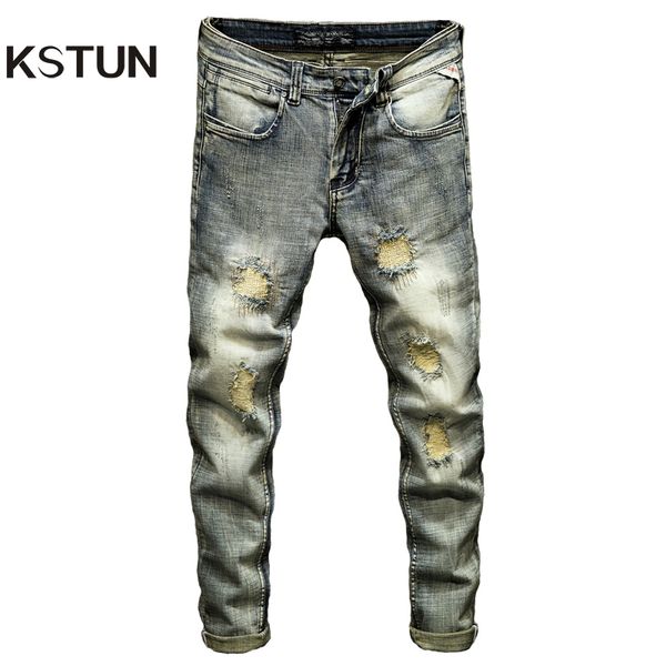 

men's jeans biker distressed stretch ripped men hip hop slim fit patchwork vintage man punk denim cotton pants, Blue