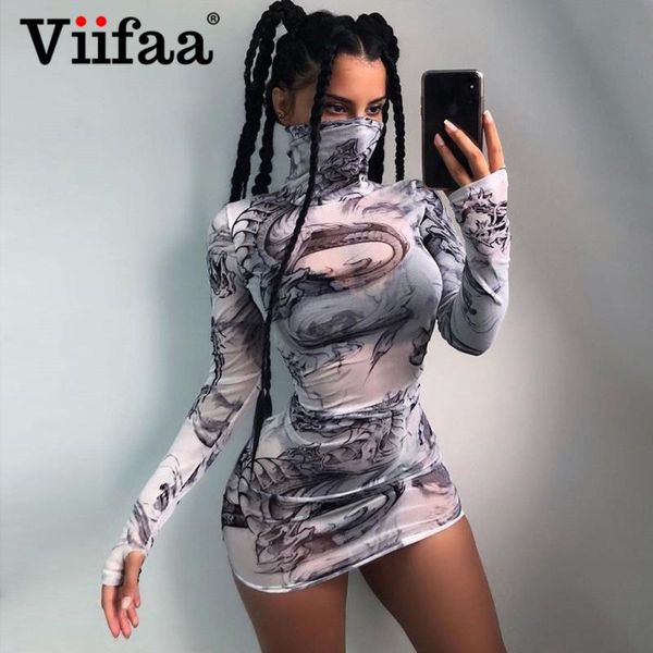 

viifaa высокая шея дракона печати осень с длинным рукавом sheer сетки платье night out sexy женщин bodycon see-through мини-платье, Black;gray