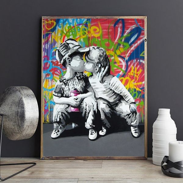 

modern abstract graffiti canvas oil painting fashion boy and girl kiss picture wall art poster for living room bedroom home decor