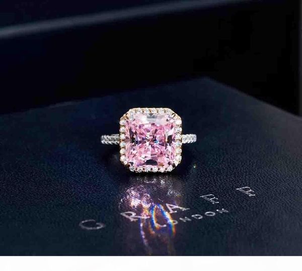 

s925 sterling silver luxurious pink square 5oct size large square diamond decorate charm ring jewelry christmas day jewelry p
