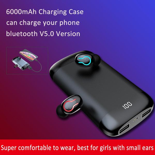 

q66 tws bluetooth беспроводная гарнитура спортивная earplug удобный большой емкости 6000mah может заряжать телефон наушники глубокий бас led