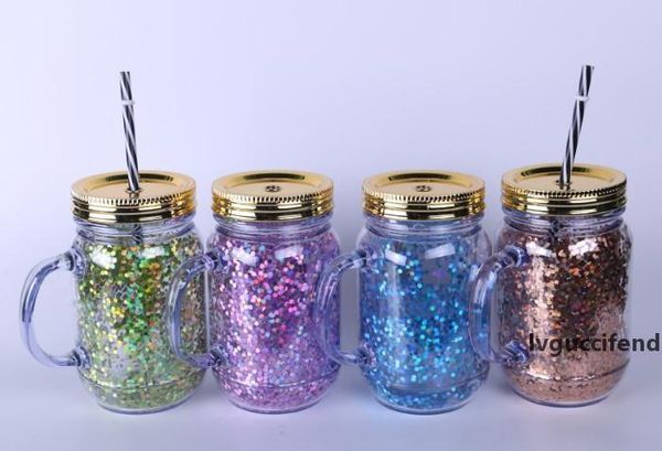 

the latest mixed color creative large handle drink for adults and children uses a double-layer plastic cup with sequin straws
