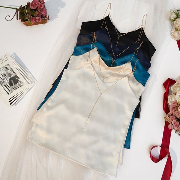 

summer chain strap fashion sleeveless beach black white satin clothes camisole fitness mujer asve20220