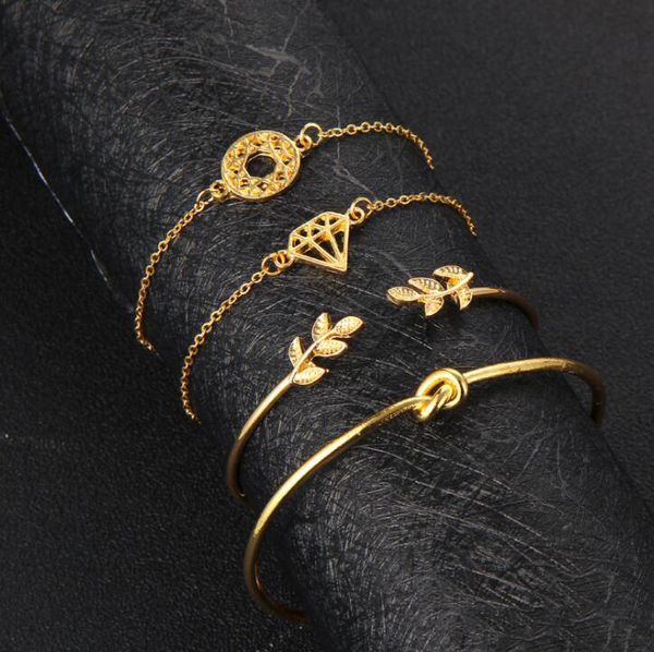 

new vintage leaves knot hollow diamond women's bracelet combination set the gift for women and girls, Golden;silver