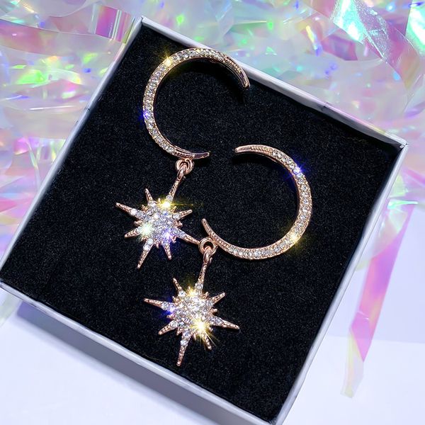 

south korea silver needle set diamond earrings star moon asymmetrical earrings drop european and american by012 simple long tassel earrings, Golden