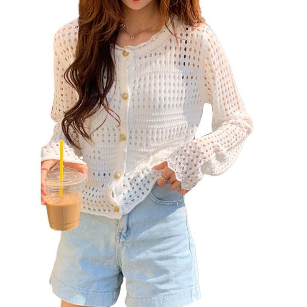 

missky women blouse solid color summer spring cardigan thin hollow knitting long sleeve coat female new, White