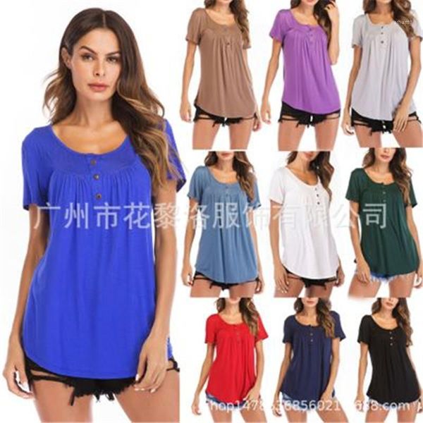 

female loose short sleeved tshirt summer pleating button dovetail tshirt women designer new fashion big size loose shirt, White