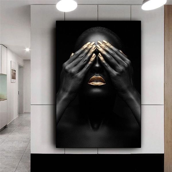 

black hand gold lip african woman canvas oil painting nude art posters and prints abstract wall art picture for living room home decor
