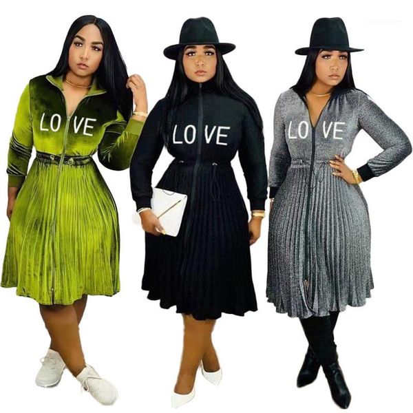 

lapel neck long sleeve elastics waist with zipper womens designer pleated dresses love letter autumn womens dresses spring, Black;gray