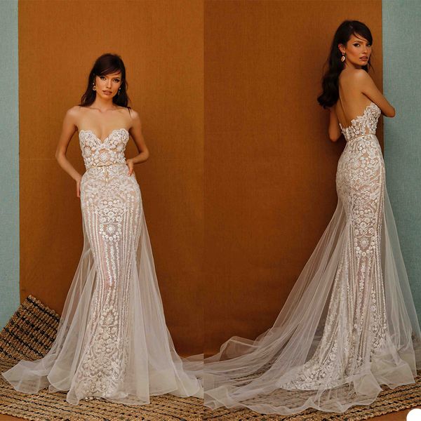 

elegant berta 2021 mermaid wedding dresses illusion neck lace appliqued beaded sweep train wedding dress bridal gowns robes de mariÃ©e, White