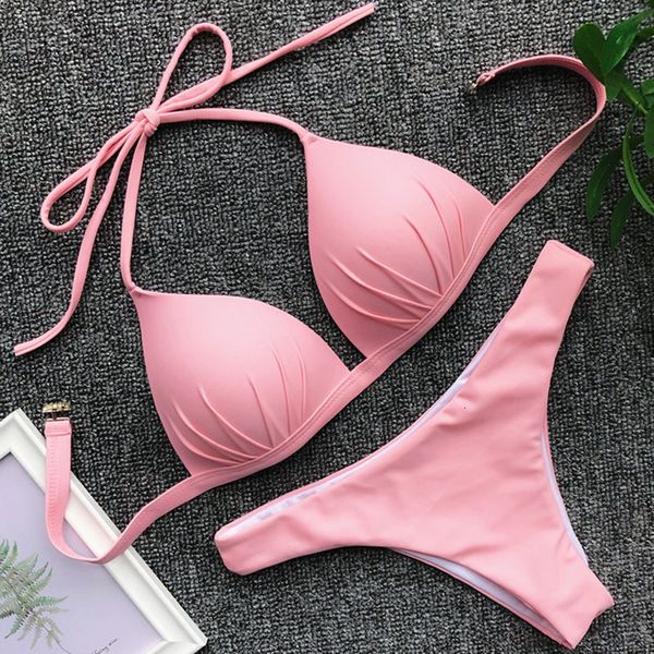 

neon push up thong bikini 2020 bra cup swimsuit women bandeau swimwear female halter bikini set brazilian suit swim, White;black