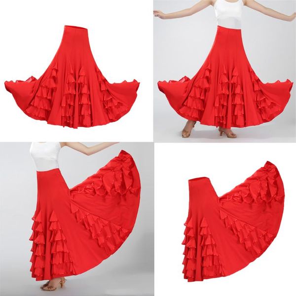 

flamenco ballroom dance waltz big swing practice modern soild long skirt dress, Black;red