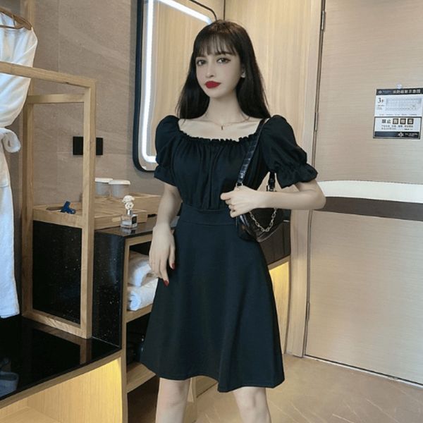 

women dresses french court style small black dress square collar puff sleeve heart machine back strap waist slimming dress female summe, White;black