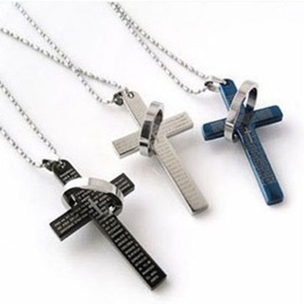 

cross necklace men vintage beads chain sweater men jewelry titanium stainless steel jewelry jesus bible ring pendant men necklaces, Silver