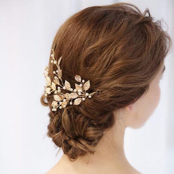

new arrival bridal wedding gold leaf branch pearl hair clip leaf hairpin tiara headpiece jewelry rhinestone hair accessories, Golden;silver