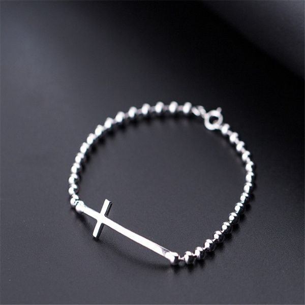 

authentic 925 sterling silver bead chain bracelet & bangles sideway cross charm bracelet for women pulseira valentine's day gifts, Golden;silver