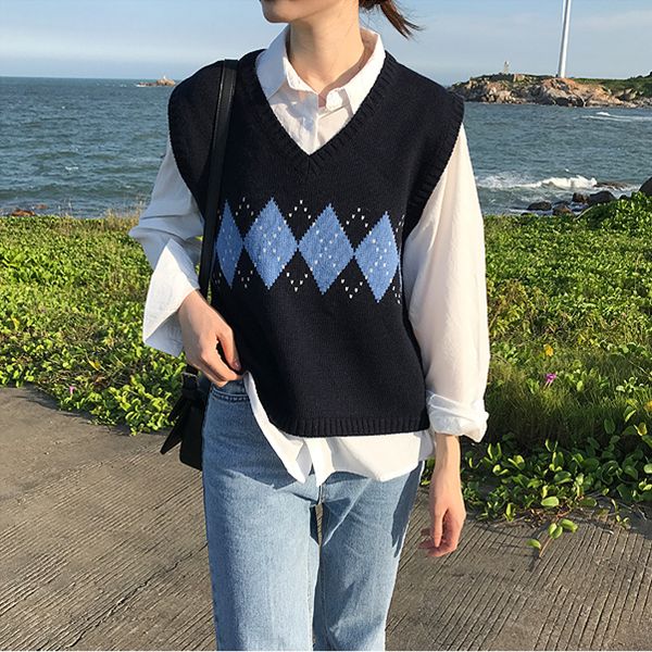 

women sleeveless pullover spring 2020 korean preppy style vintage argyle plaid v neck knitted sweater vest black gray khaki, Black;white