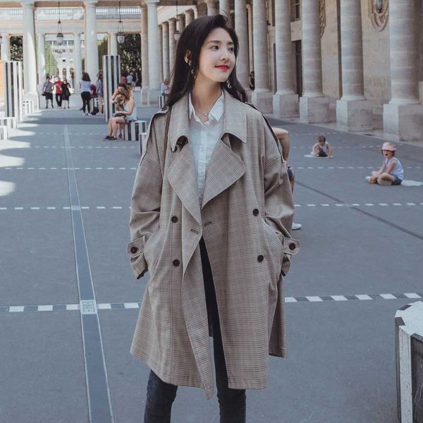 

women's trench coats windbreaker female plaid double-breasted spring autumn 2021 korean casual loose mid-length fashion quality w88, Tan;black