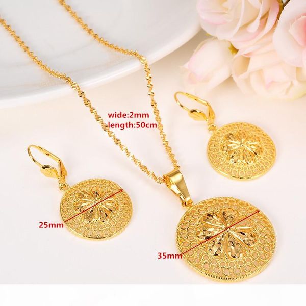 

24k solid fine gold filled new blossom fashion ethiopian jewelry set pendant necklace earring circle design, Silver