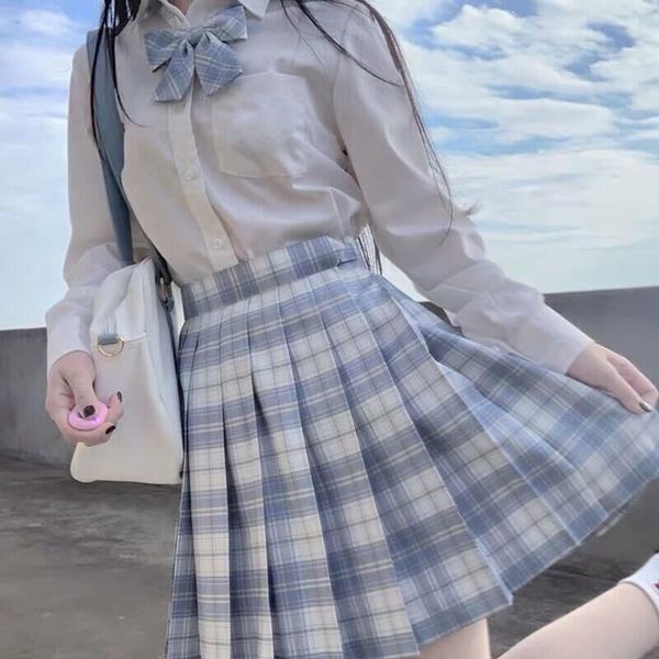 

rhythm of the rain] girls long/short sleeve high waist blue plaid pleated skirts women dress jk school uniform students white