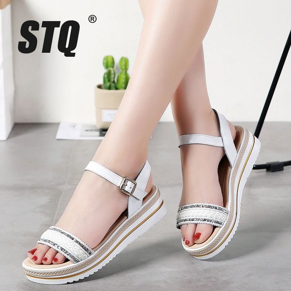 

stq 2020 women sandals summer leather flat wedge sandals platform ladies ankle strap beach flat shoes 896, Black