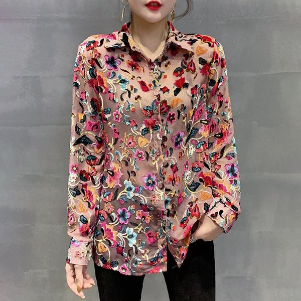 

streetwear women's blouses autumn plus size long sleeve female flocking florals transparent shirts mesh embroidry blouse, White