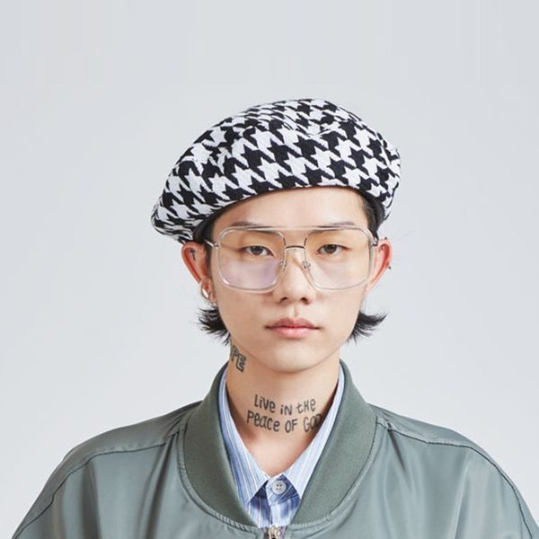 

zu56e korean new ins blue white bird grid black painter's beret beret and white fashion harajuku style elastic waistband hat fashion pa, Blue;gray