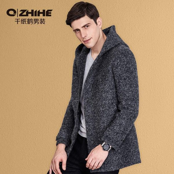 

qzhihe men's coat long slim fur jacket new hooded warm windbreaker casual grey coat 3398, Black