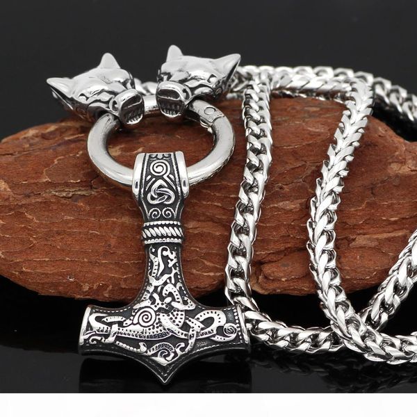 

men stainless steel viking oidn wolf head with thor hammer mjolnir pendant necklace -dragon chain, Silver