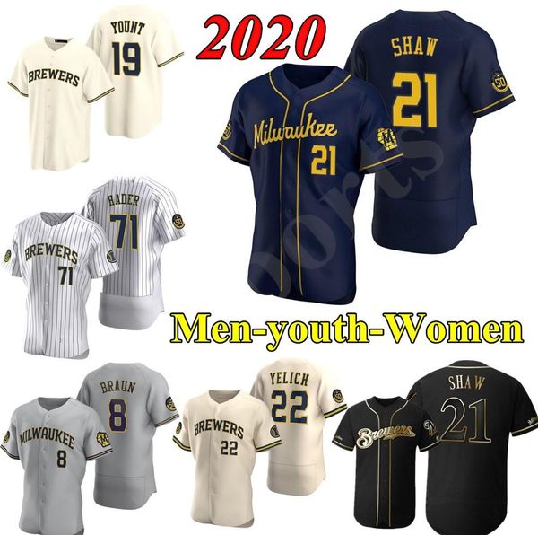 

baseball men women kids 22 christian yelich 2020 season josh hader woodruff lorenzo cain ryan braun brent suter arcia brewer jerseys, Blue;black