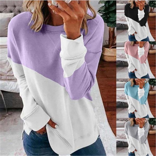 

designer panelled color fashion trend tee round sleeve loose neck t-shirts long female spring women contrast casual sweatshirt dtdtj, Black