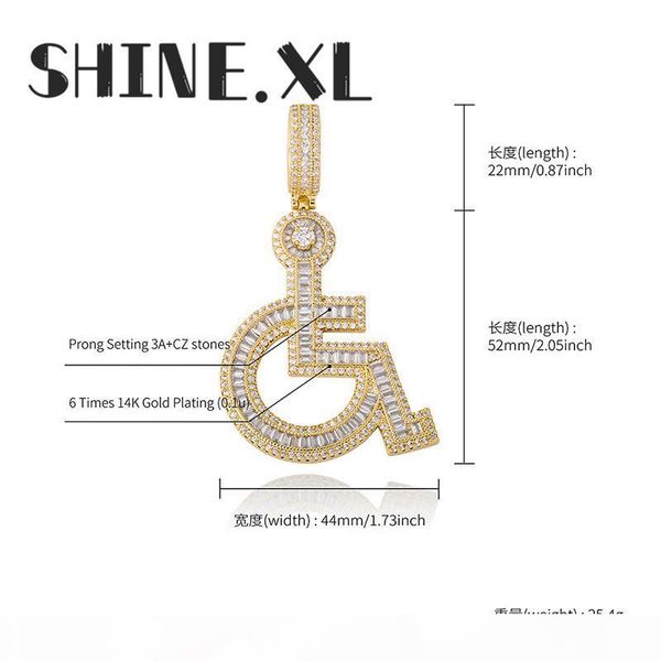 

18k gold plated wheelchair handicap sign pendant necklace with tennis chain rope chain mens hip hop jewelry, Silver