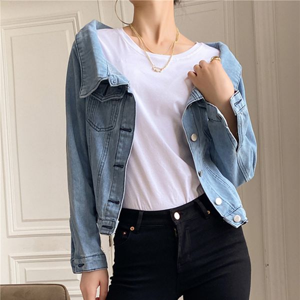 

vintage feminine light washed denim jacket 2020 new autumn loose solid all match jeans coat short cardigans jackets, Black;brown