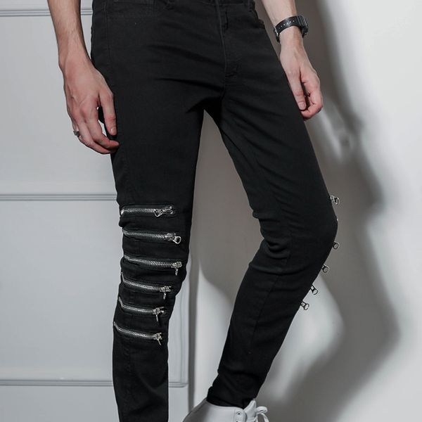

skinny men's pants fashion trend korean slim slim feet stretch knee zipper size hip-hop jeans, Black
