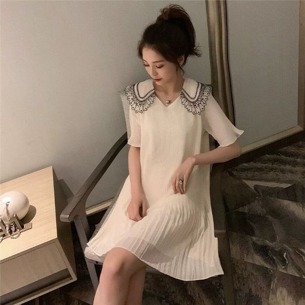 

female sweet chiffon white dresses lace stitching butterfly sleeve mini dress summer womens doll collar kawayi girls dress, Black;gray